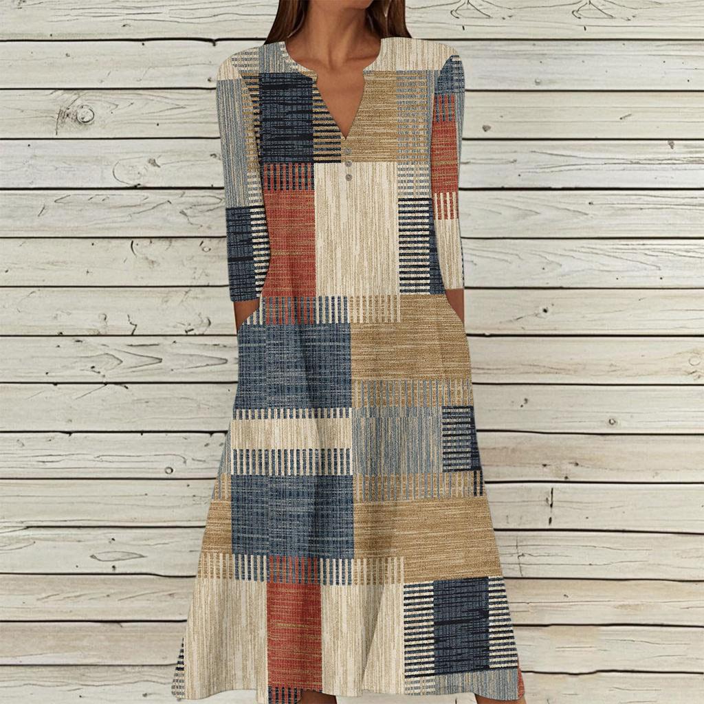 Damen Sommer Freizeit V-Ausschnitt Knopf Retro Geometrischer Druck Dreiviertelarm Langes Kleid mit Taschen