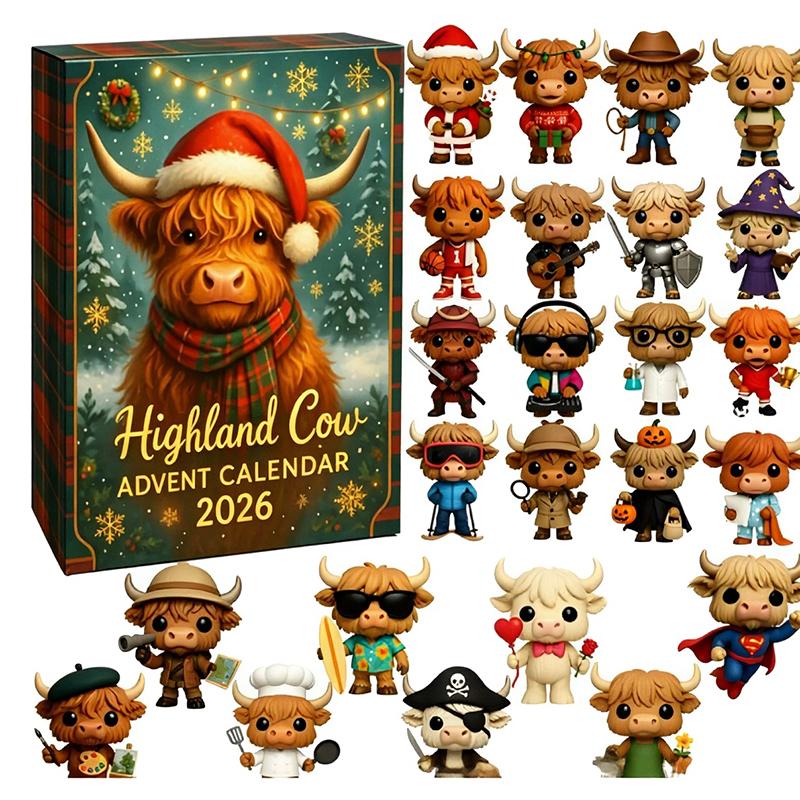2026 Highland Cow Advent Calendar 24 Days Christmas Countdown 3D Mini Figurine Cute Cow Statue Holiday Xmas Gift Desk Decor