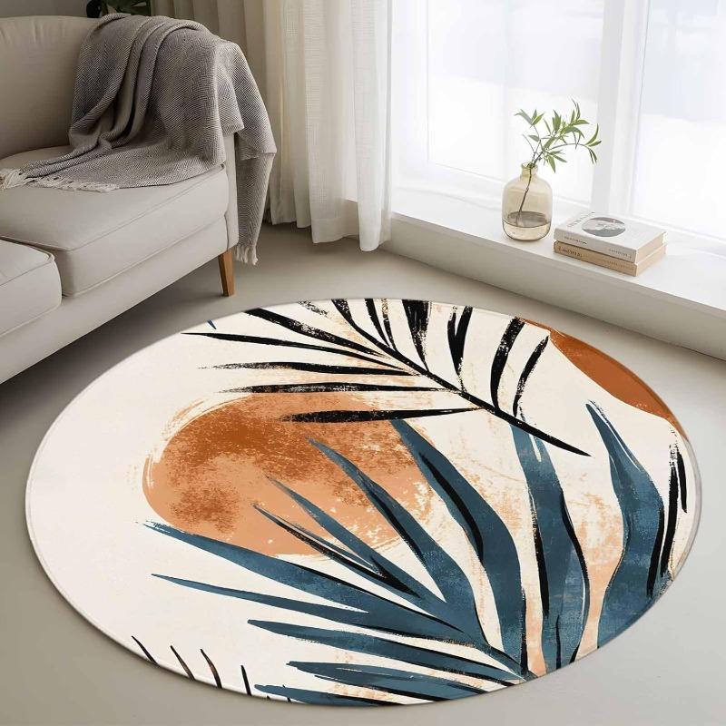 Tropical Leaf Round Rug Boho Plant Print Carpet Stylish Contemporary Abstract Round Floormat for Living Room Bedroom Terrace