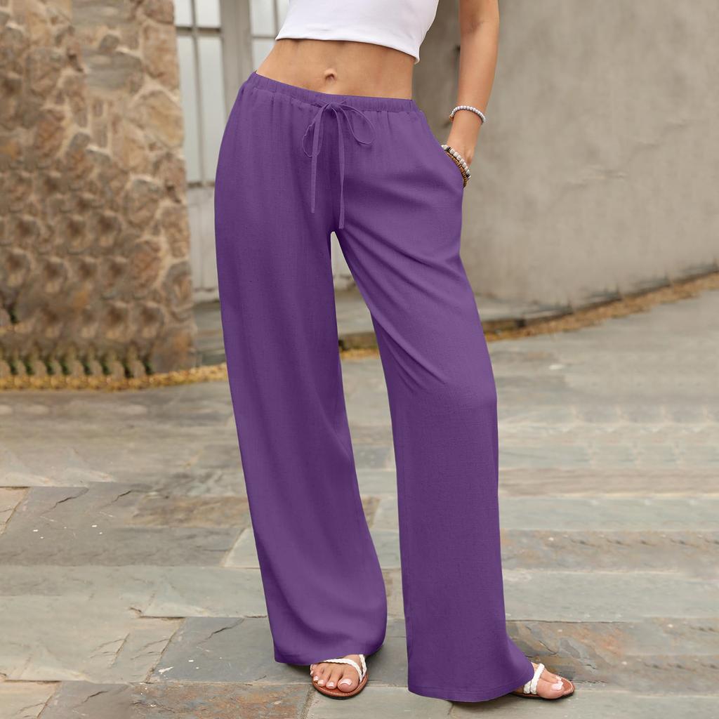 Women's Summer Casual Wide Leg Pants Elastic Waistband with Drawstring Pockets Lightweight Loose Fit Lounge Trousers for Everyday Wear