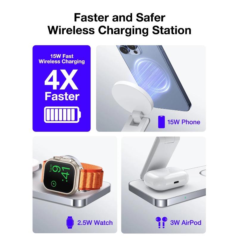 Magnetischer 3-in-1-Schnellladegerät-Ständer, faltbare Ladestation für iPhone 16 15 14 13 12 Uhr 9 8 7 6 Airpods Pro