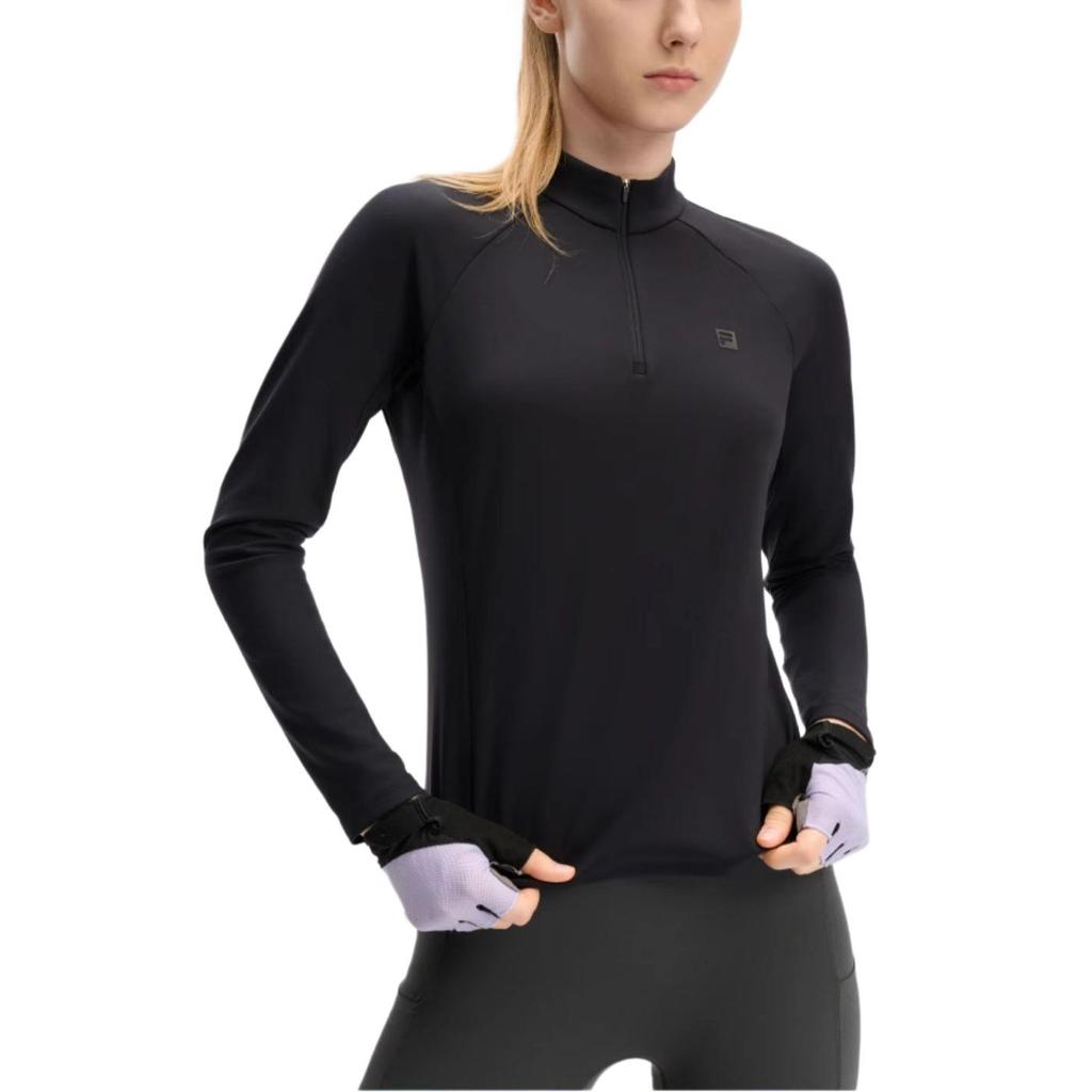 Fila Athletics Fitness Solid Color Fleece Casual Long Sleeve Breathable Regular T-Shirt Women Tops Black A11W441202F-BK