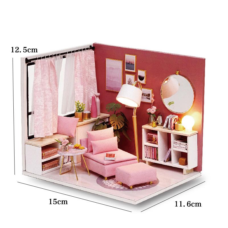Casă de păpuși mini din lemn, puzzle 3D de asamblat, model de construcție, jucării, decorațiune pentru casă, dormitor, cu mobilier, lumini LED, jucărie, cadouri de Crăciun
