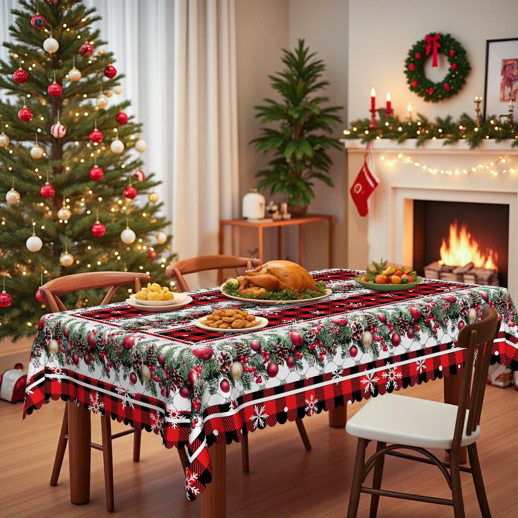 Christmas Red And Black Plaid Tablecloth, Snowflake Berry Pine Cone Print, Restaurant Coffee Table Party Decorative Cloth