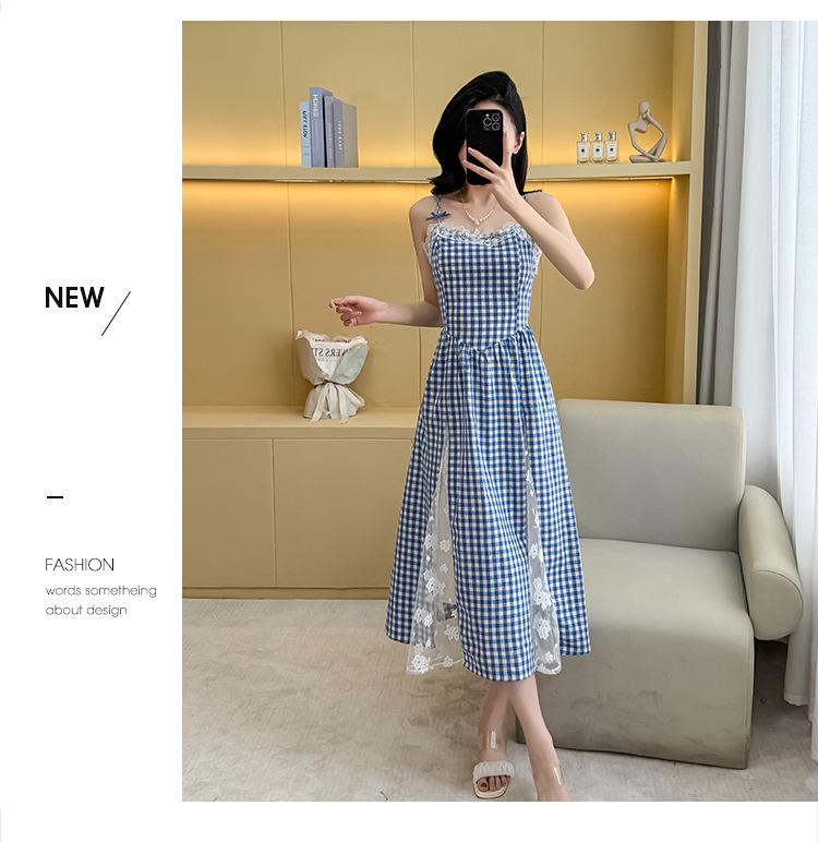 In-Stock Lace Plaid Slimming Camisole Dress with Large Skirt.