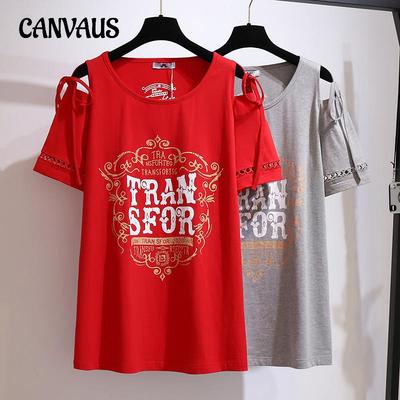 Summer Plus Size Women's T-shirt Strapless Round Neck Loose Versatile Printed Short-sleeved Tops