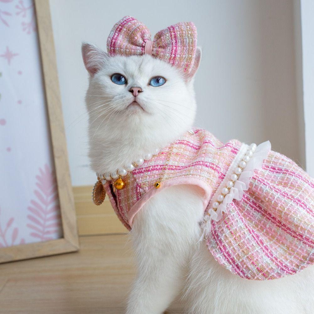 Breathable Cat Bow Pearl Coat Cute Pet Windbreaker Pet Clothes Puppy Plaid Dress Autumn Winter