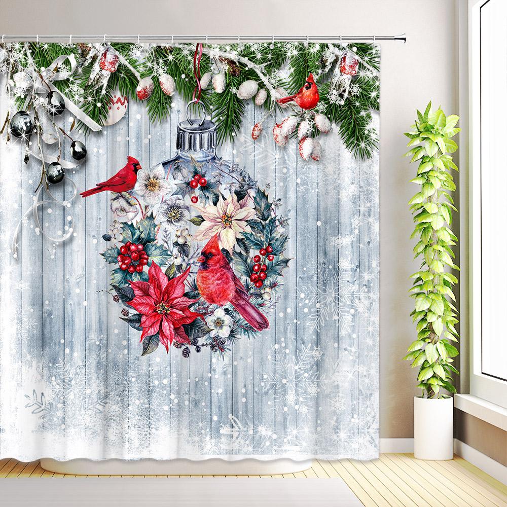 Merry Christmas Shower Curtain Santa Claus Winter Snowman Snowflake Buffalo Plaid Reindeer Xmas Bathroom Decor Fabric with Hooks