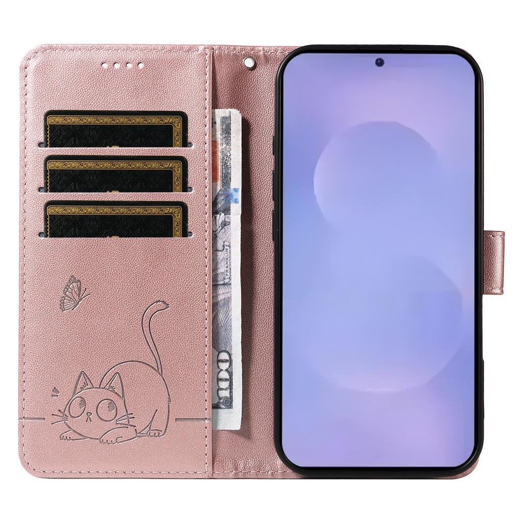 For Samsung Galaxy S26+ Case Cat Pattern Imprint Leather Phone Cover with Wrist Strap
