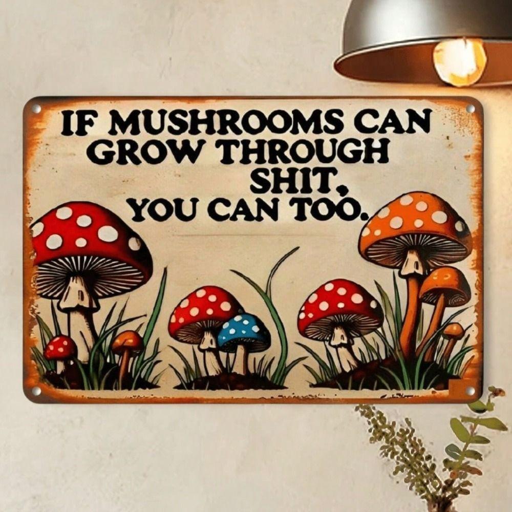 Metal Poster Mushroom Decor, Vintage 2D Sign for Wall, Funny Home Garden Art