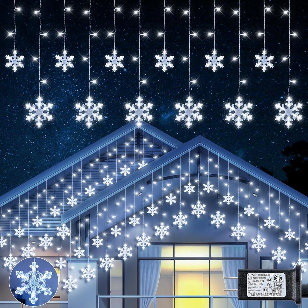 Christmas Snowflake Icicle Lights,6.5ft 144LED Curtain Lights Outdoor with 12 Drops, 8 Modes Waterproof Connectable Fairy Light for Eaves, Garden,