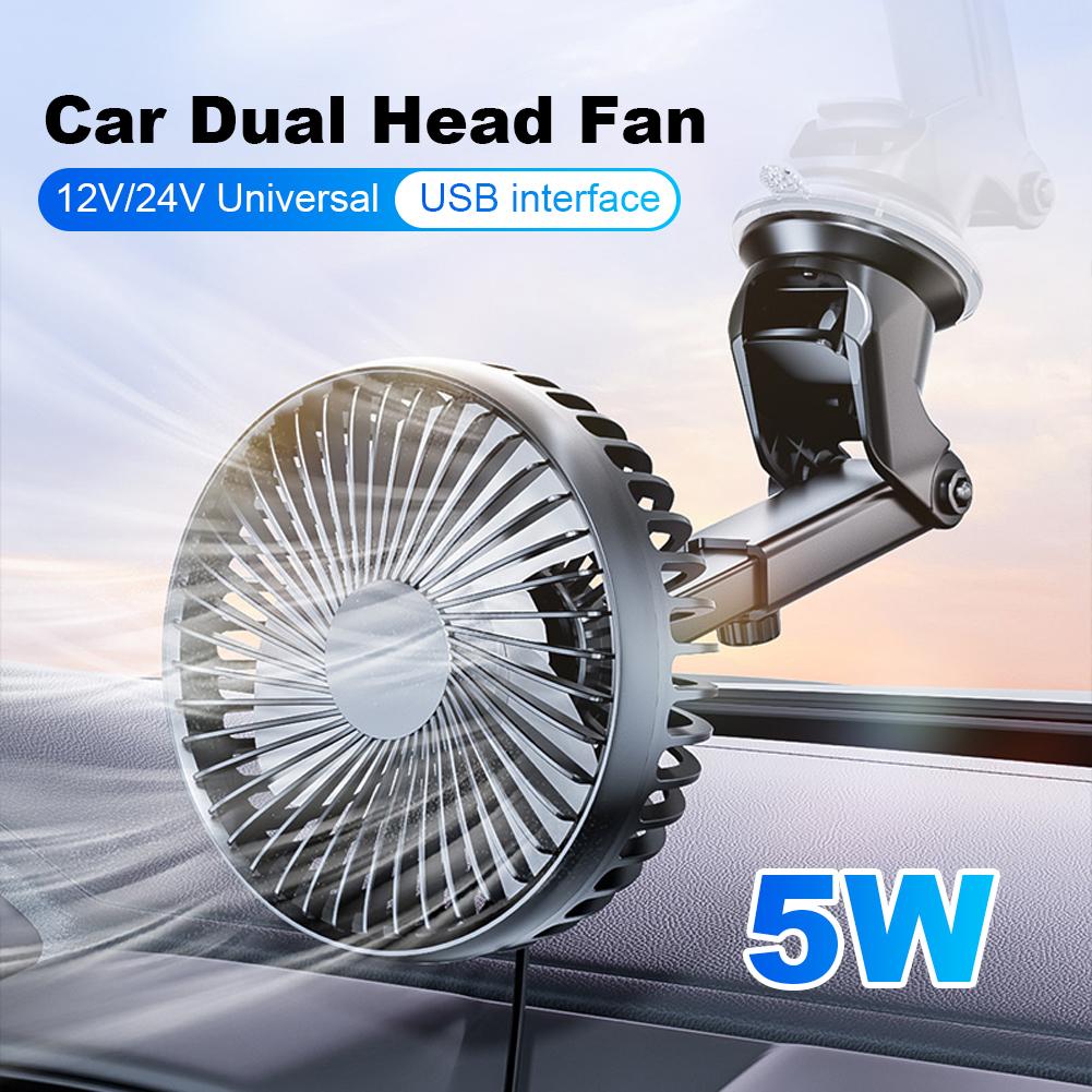 12V/24V Windshield Desk Fan USB Suction Cup Auto Cooler 360 Degree Adjustable Car Dashboard Fan 3 Speeds Mini Car Fan
