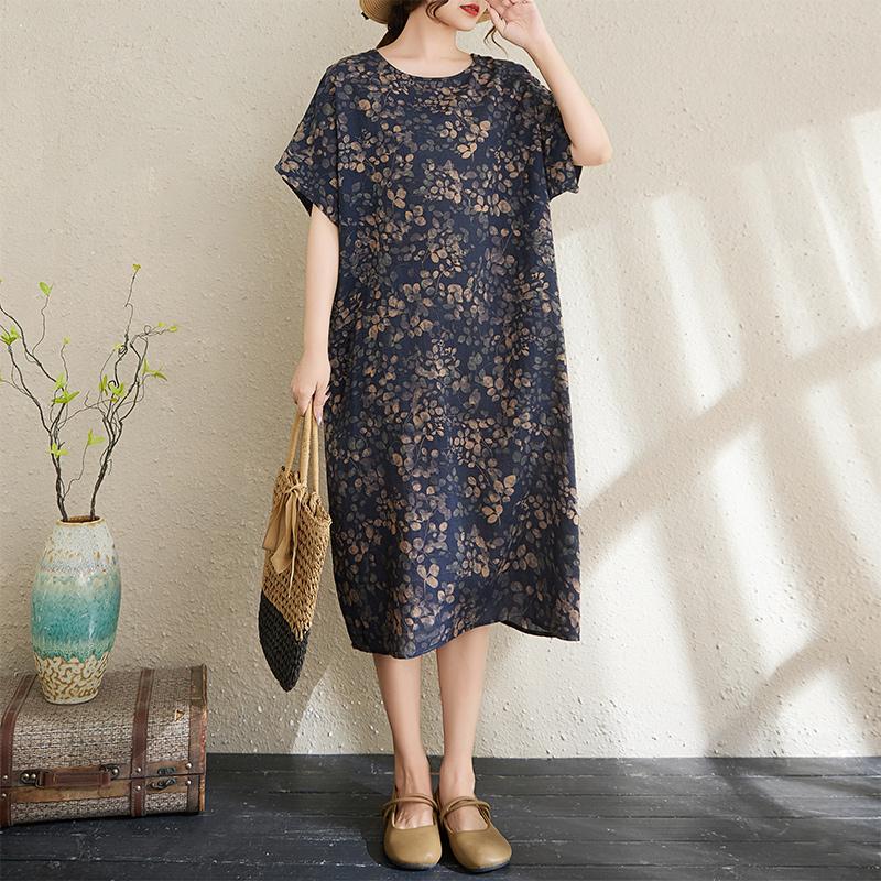

Dimanaf Новое базовое женское летнее платье большого размера 2025, повседневное льняное платье с цветочным принтом, с коротким рукавом, свободное платье One Size темно-синий