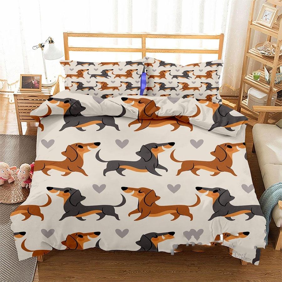 3D Digital Printing Three-Piece Set Cute Funny Dachshund Quilt Cover Pillowcase Bedding