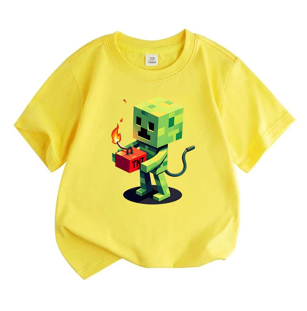 Kids Boys Girls 100% Cotton Crew Neck Short Sleeve T-Shirt, Funny Pixel Green Game Creeper Hold TNT Print Casual Soft Tee Tops for Children Daily Wear