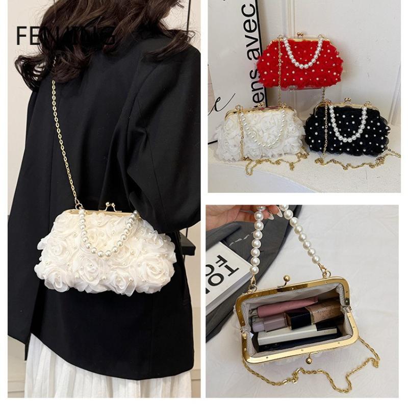 Red Flower Evening Banquet Bag Elegant Pearl Handle Chain Handbag Small Clutches Purse Seashell Shape Crossbody Shoulder Bag