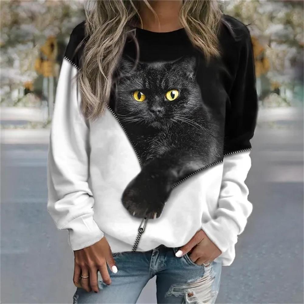 Jersey de manga larga para mujer, camiseta con estampado de gato a la moda en 3D, Jersey informal de calle para chica, suéter de cuello redondo, Top diario para mujer
