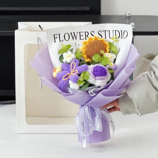 Crochet Flower Bouquet Handmade Knitted Cotton Thread Flowers Artificial Sunflower Wildflower Bouquet for Valentine's Day Anniversary Birthday