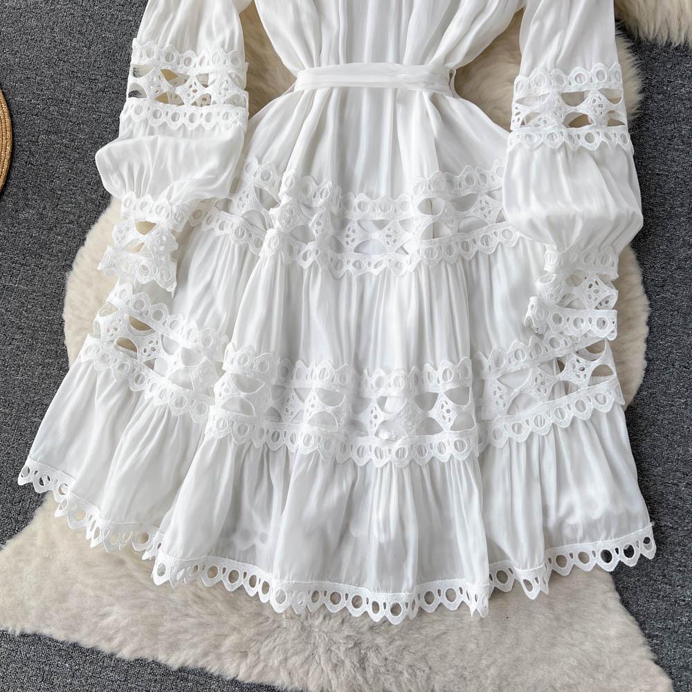 Jarní Vintage Krajka Vyhloubené Dlouhé Lucernové Rukávy Šaty s jedním nádechem Ležérní Dámské Podzimní šaty A-Line
