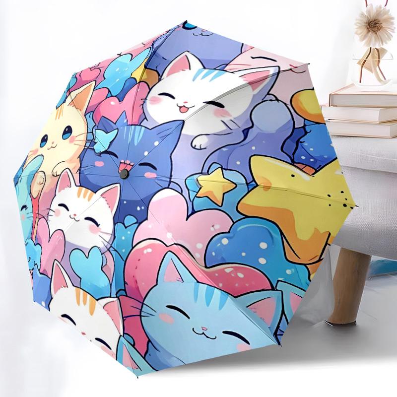 1pc Cats Kawaii Automatic Folding Umbrella - Compact 8-Rib Design, Durable Plastic & Iron, Lightweight for Outdoor Daily Use056