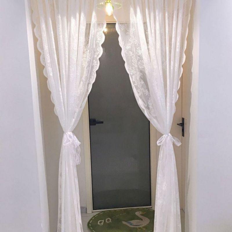 2pcs White Lace Mesh Curtain Embroidered Translucent Gauze Curtain Rod-pocket/Velcro