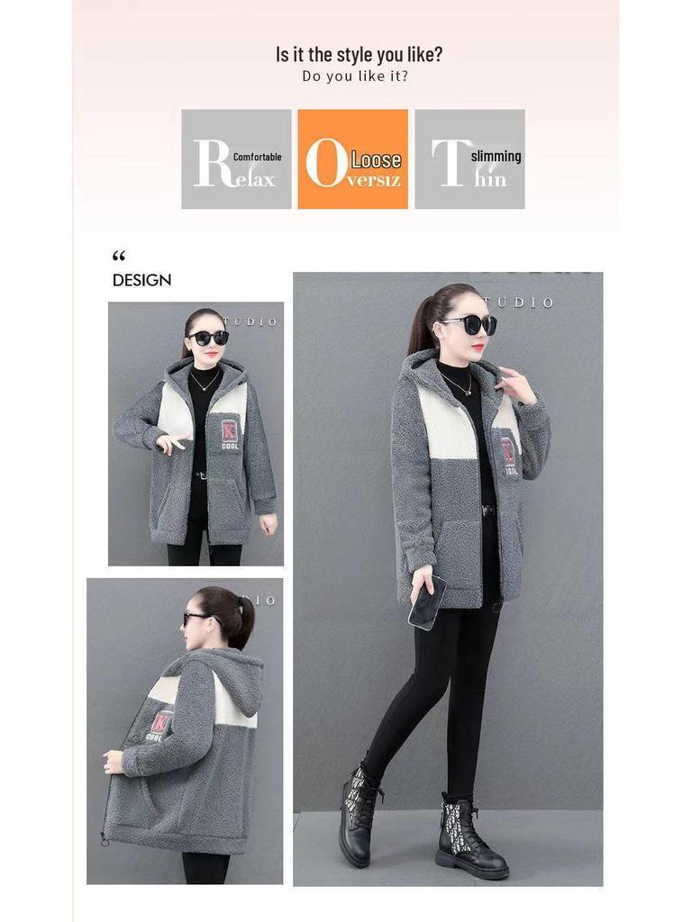 Damski sweter-płaszcz z haftem, blokami kolorów, z wełny jagnięcej - Średniej długości, podszyty polarem, sztuczne futro, luźny krój, Moda jesień/zima