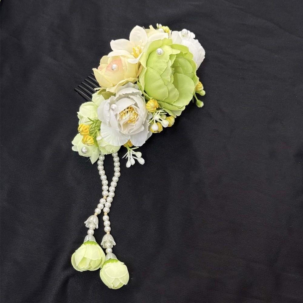 

Thai Style Tulip Hair Comb Sweet Chignon Hair Clips Elegant Flowers Hairpin with Tassels Banquet зелёный