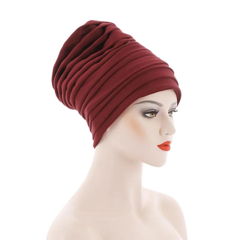 New Candy Color Head Wraps Muslim Hijab Bonnets Fashion Headwear Pleated Turban Cap for Women African Auto Geles Aso Oke Headtie