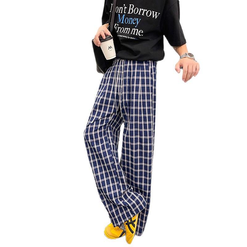 Pantalons à carreaux style Hong Kong d'été pour garçons Tendance Amples Jambes larges Décontractés Fins Polyvalents Droits Pantalons pour couples étudiants