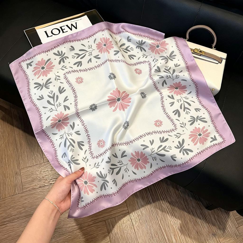 71Cm New Chinese Simulation Silk Square Scarf Soft and Skin-friendly Ink Flower Rhyme Printing Silk Scarf Neck Sunscreen Small Scarf