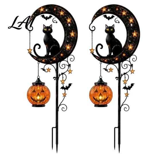 Beleuchtete Schwarze Katze Gartendekoration Halloween Solar-Erdspießlicht Metall & Kürbis Mond Wasserdichte Hängedekorationen für Rasen Terrasse Hof Weg