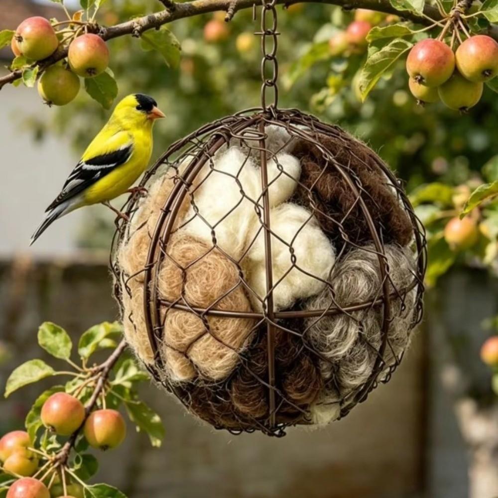 Hanging Refillable Bird Nest Metal Frame Ball Shape Birds Nests Material Holder Handmade Refillable Hummingbird Nest Box