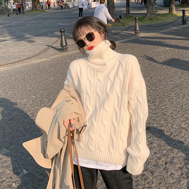 Autumn and winter turtleneck twist sweater women's inner lining solid color casual lazy loose outer top knitted sweater