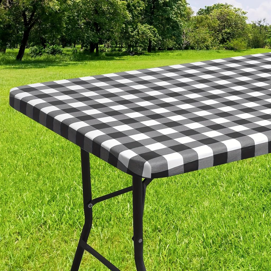 Waterproof Vinyl Tablecloth with Flannel Backing - Stylish Buffalo Check, Elastic & Non-Slip - Ideal for Dining, Camping