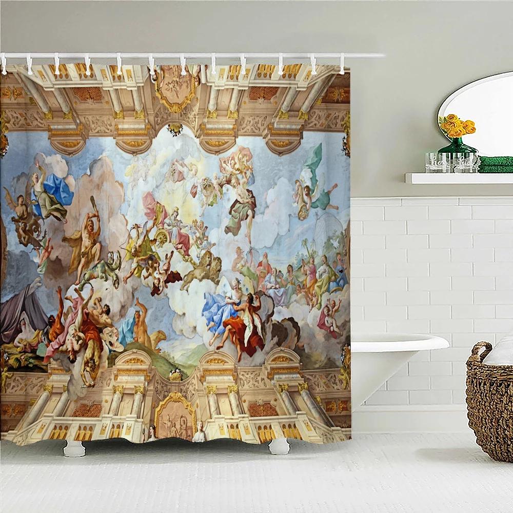 

European Retro Style Angels Shower Curtains Waterproof Fabric Bathroom Curtain Church Mural Bathtub Bath Curtains with 12 Hooks W90xH180cm