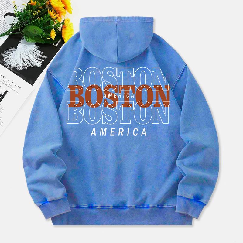 Boston America Washed Hoodies Women Letter Prints Cotton Sweatshirts Long Sleeves Pocket Oversized Hooded Clothes