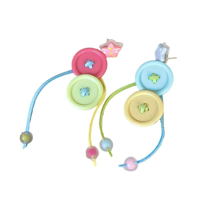 A52E Trendy Dopamine Button Dangle Earrings With Movable Tassels Comfortable Alloy Material