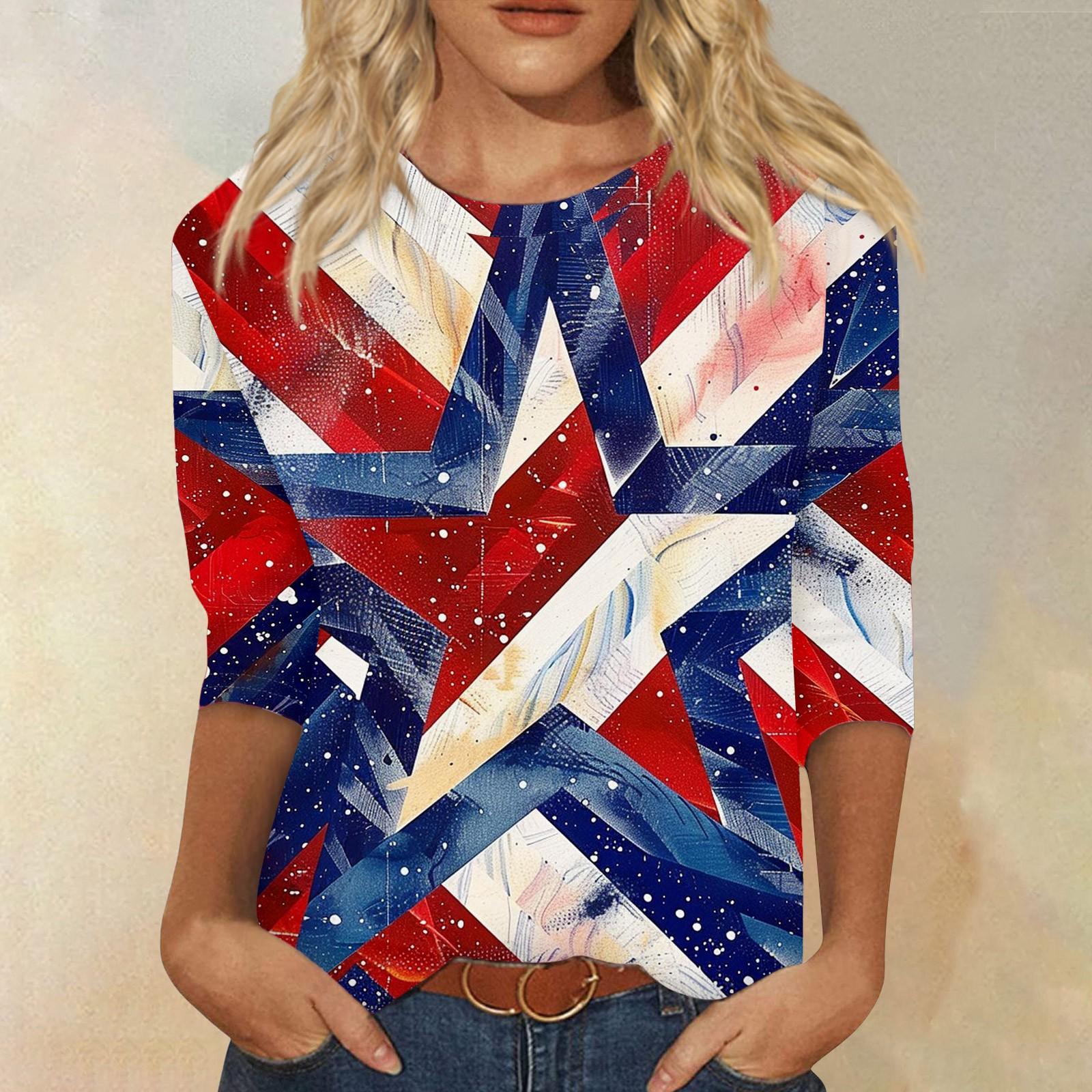 

Женский модный повседневный топ с круглым вырезом с рукавом три четверти и принтом ко Дню независимости XL белый