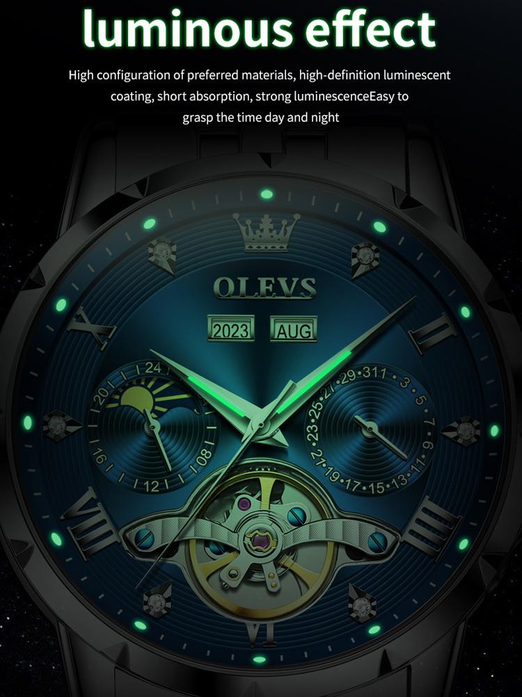 OLEVS Multifunctional Tourbillon Mechanical Men's Watches Water Resistant Automatic Self-Wind Skeleton Watch Men Relojes