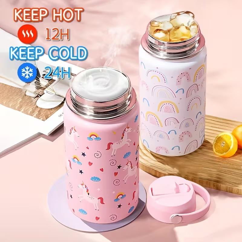 16Oz Kids Water Bottle Cartoon Animal Children'S Cup With Straw Stainless Steel Vacuum Flacks Thermos Bottle Thermal Mug Cups