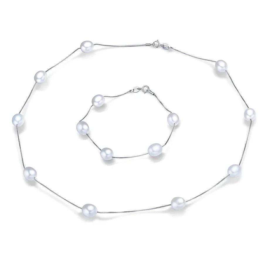 HENGSHENG Natural Pearl Necklace/Bracelet Jewelry Sets 925 Silver Chain with Freshwater Pearl Jewelry Gift for Women