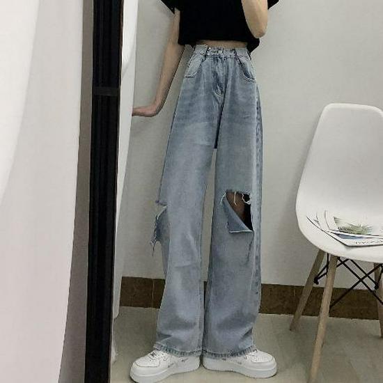 

Women s High Waist Wide Leg Ripped Jeans - Summer Loose Fit Floor Length 2XL (recommended 62.5-70 kg) синий