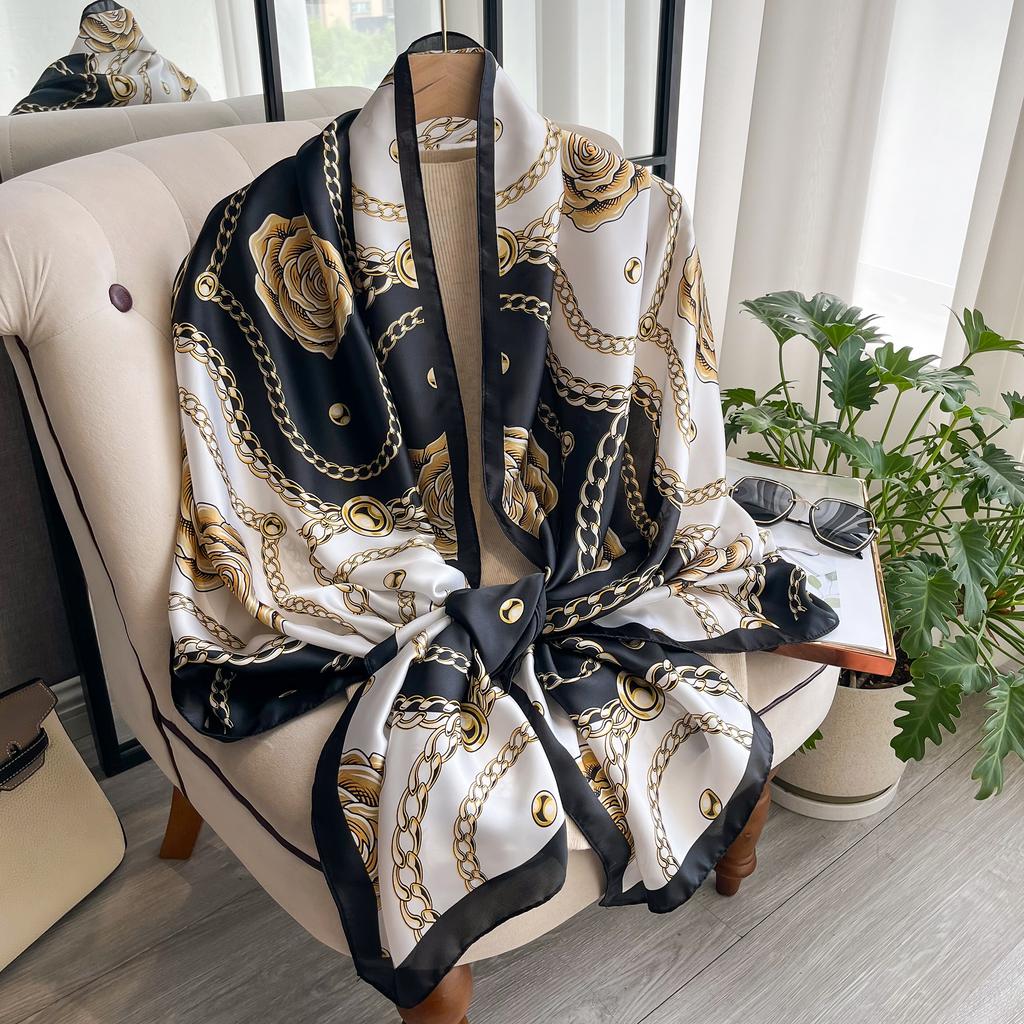 2025 Fashion Print Large Shawl Wraps Silk Scarf Women Luxury Brand Satin Headband Hijab Bandana Turban Foulard Summer Beach
