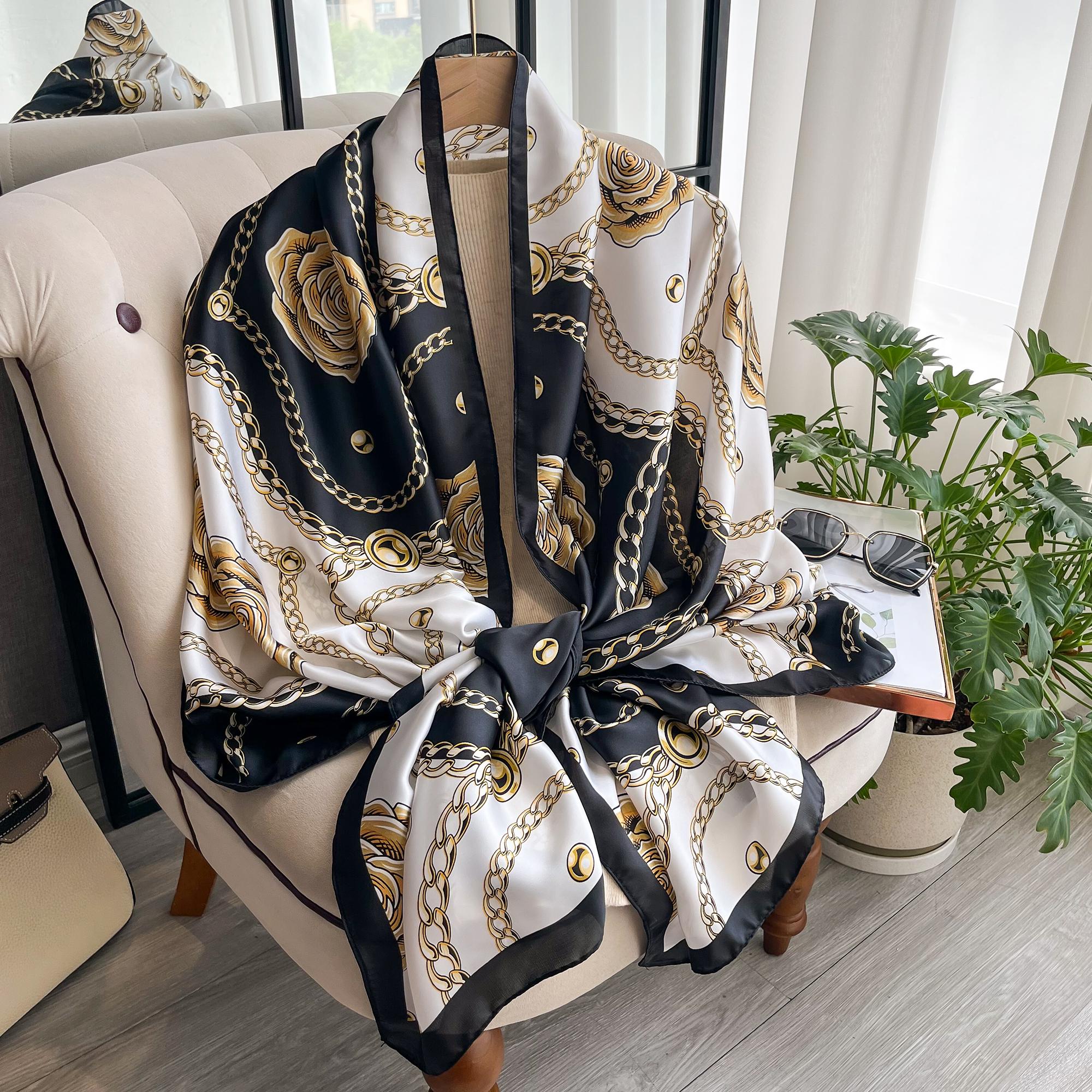 

2025 Модный принт Большой шаль-накидка Шелковый шарф Женский Роскошный бренд Сатиновая повязка на голову Хиджаб Бандана Тюрбан Фуляр Летний пляж