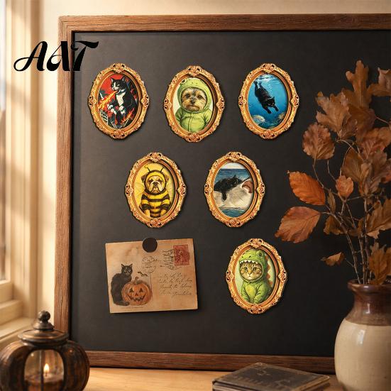 Metal Surface Decorations 1/6Pcs Halloween Retro Frame Refrigerator Magnet, Wood Carved Fridge Magnetic Decor Cabinet Whiteboard Magnet for