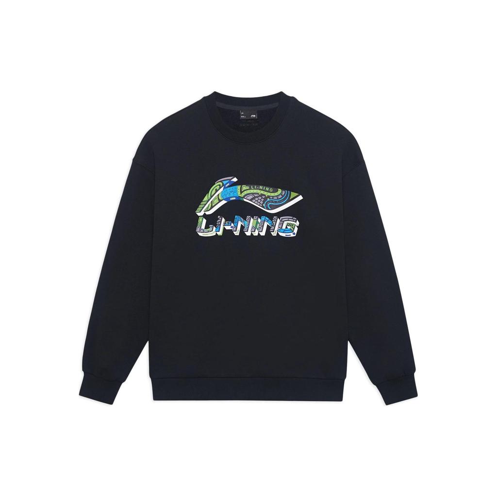 Li Ning Sports Lifestyle Series Logo Print Fleece Warm Loose Long Sleeve Sweatshirt Unisex Sweatshirt Black AWDSI59-2