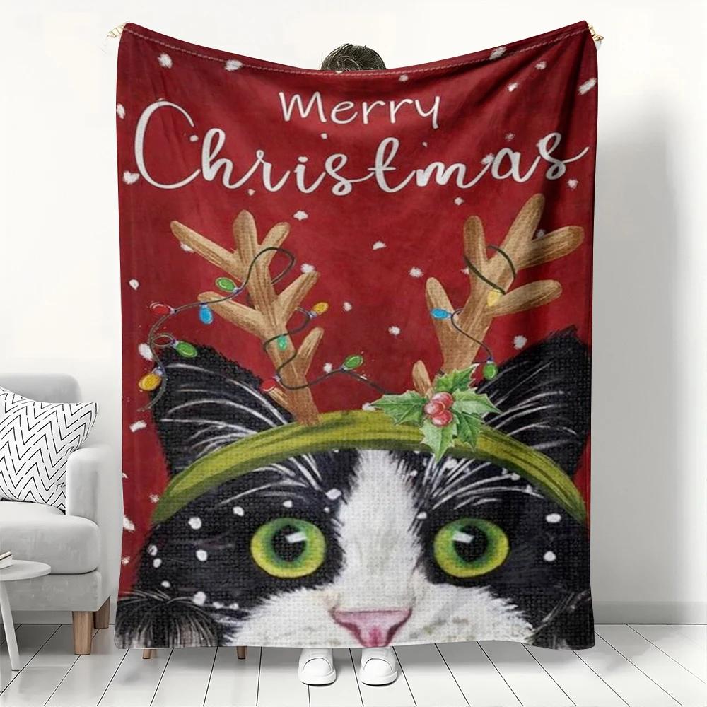 

Merry Christmas Cat with Reindeer Antlers Fleece Blanket Festive Winter Holiday Throw for Couch or Bed Soft and Cozy 40x50in