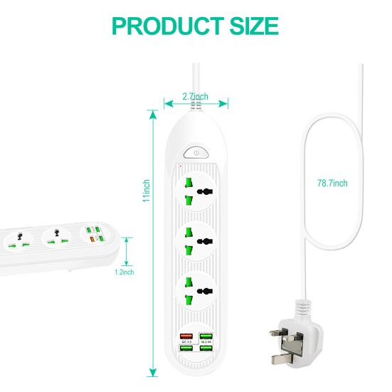 Power Strip 3000W 3 Widely Spaced Outlets 4 USB Charging Ports