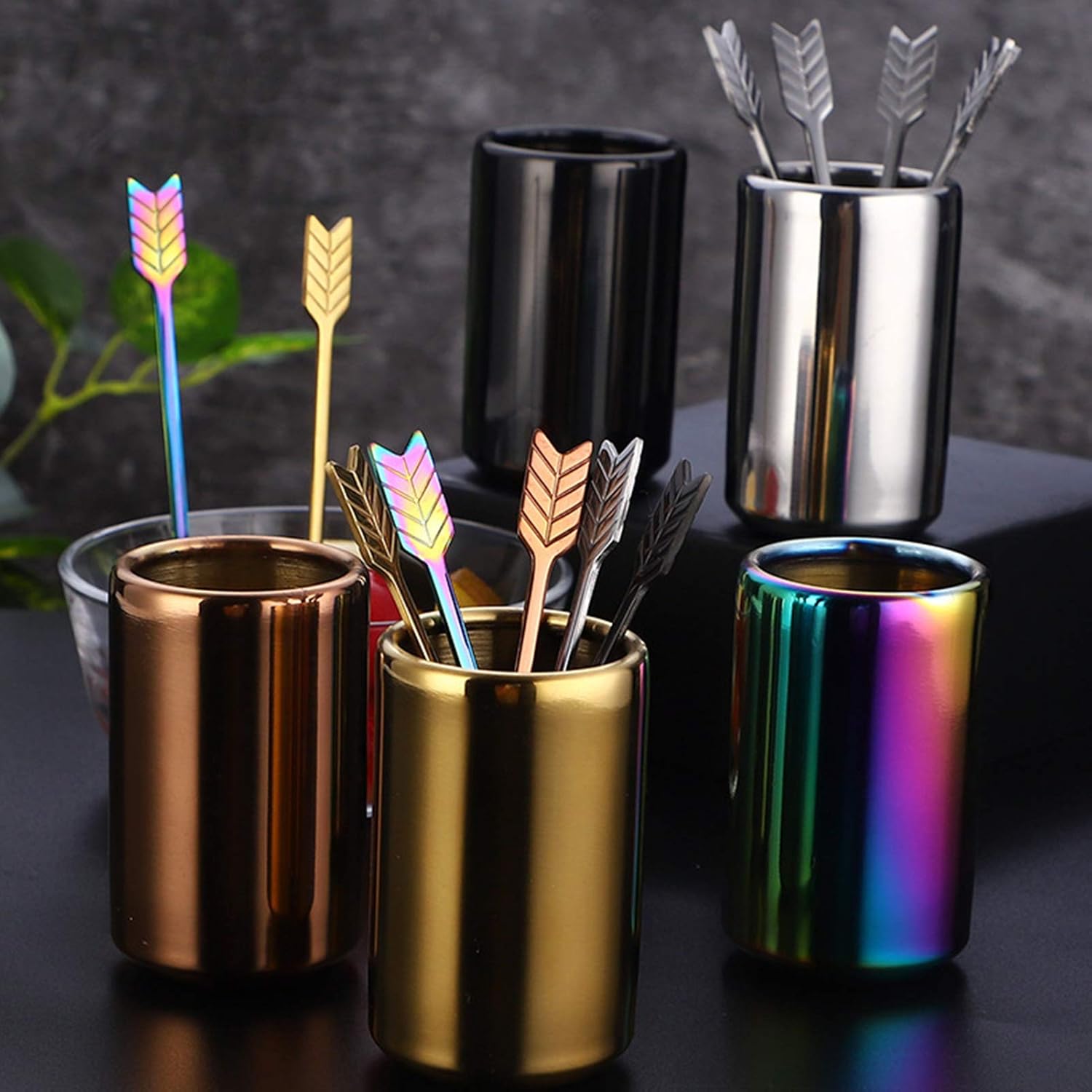 5   5Pcs Stainless Steel Coffee Stir Sticks with Stirrers Holder, Metal Coffee Swizzle Sticks Reusable Fruit Forks, Beverage Drink Cocktail Stirrer