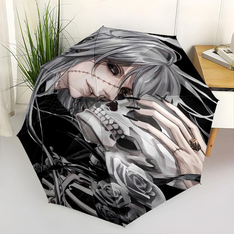 1 PC Automatic Folding Umbrella - Black Butler Pattern Portable Foldable Design With 8 Ribs Christmas Birthday Gifts